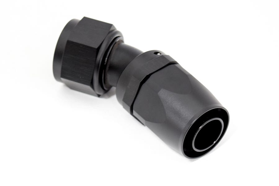 Black BTR AN fitting 30°-16AN hose end for racing hoses, designed for secure fitting and high-performance fuel or oil lines.