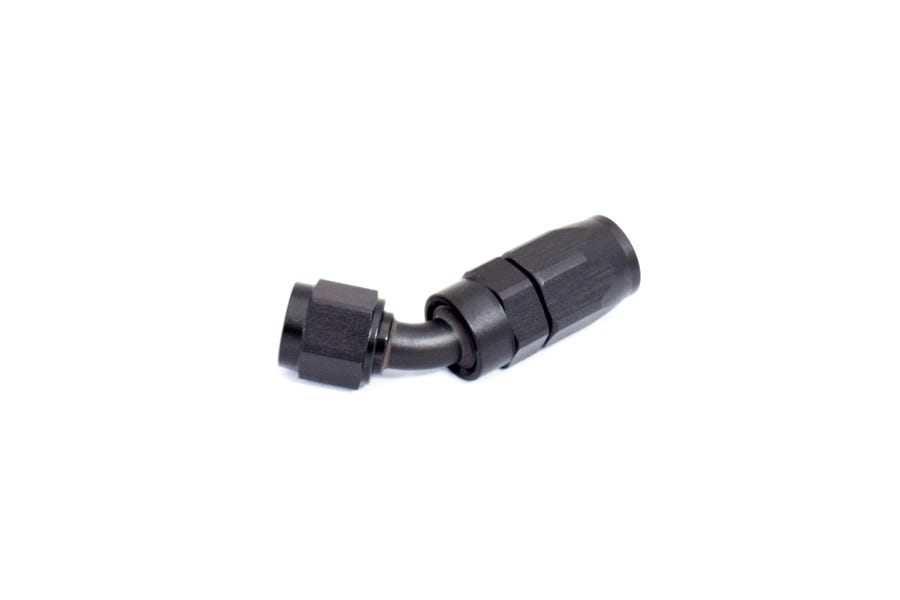 Black BTR AN fitting 45° -6AN hose end for racing hoses, showing the angled metal connection and threading.