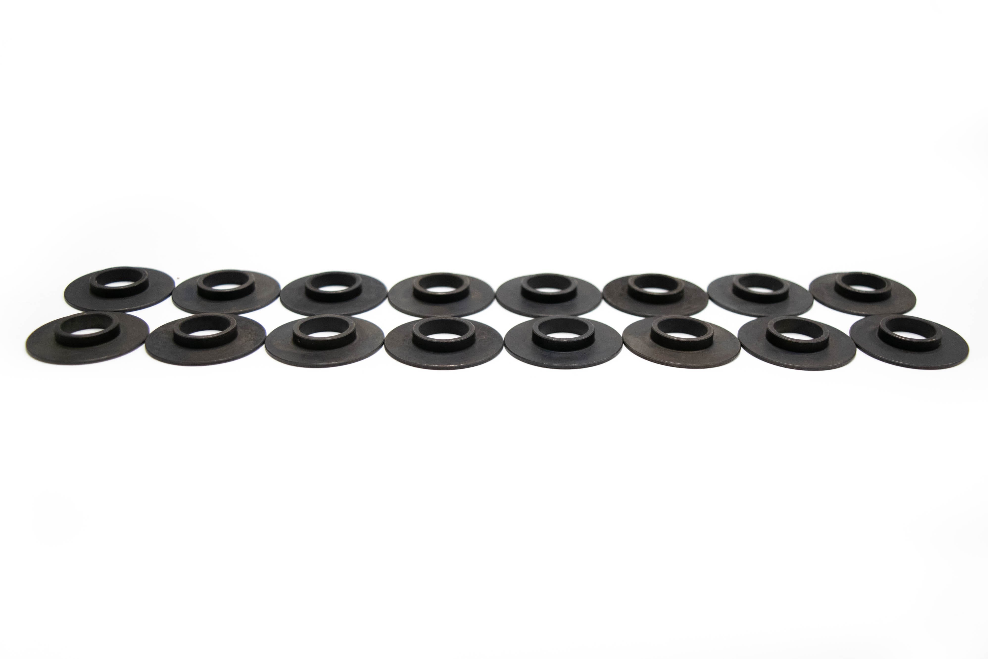 Set of 16 BTR spring locator tools for Dart/RHS LS valve guides, .045 inch thick, used for engine valve spring installation.