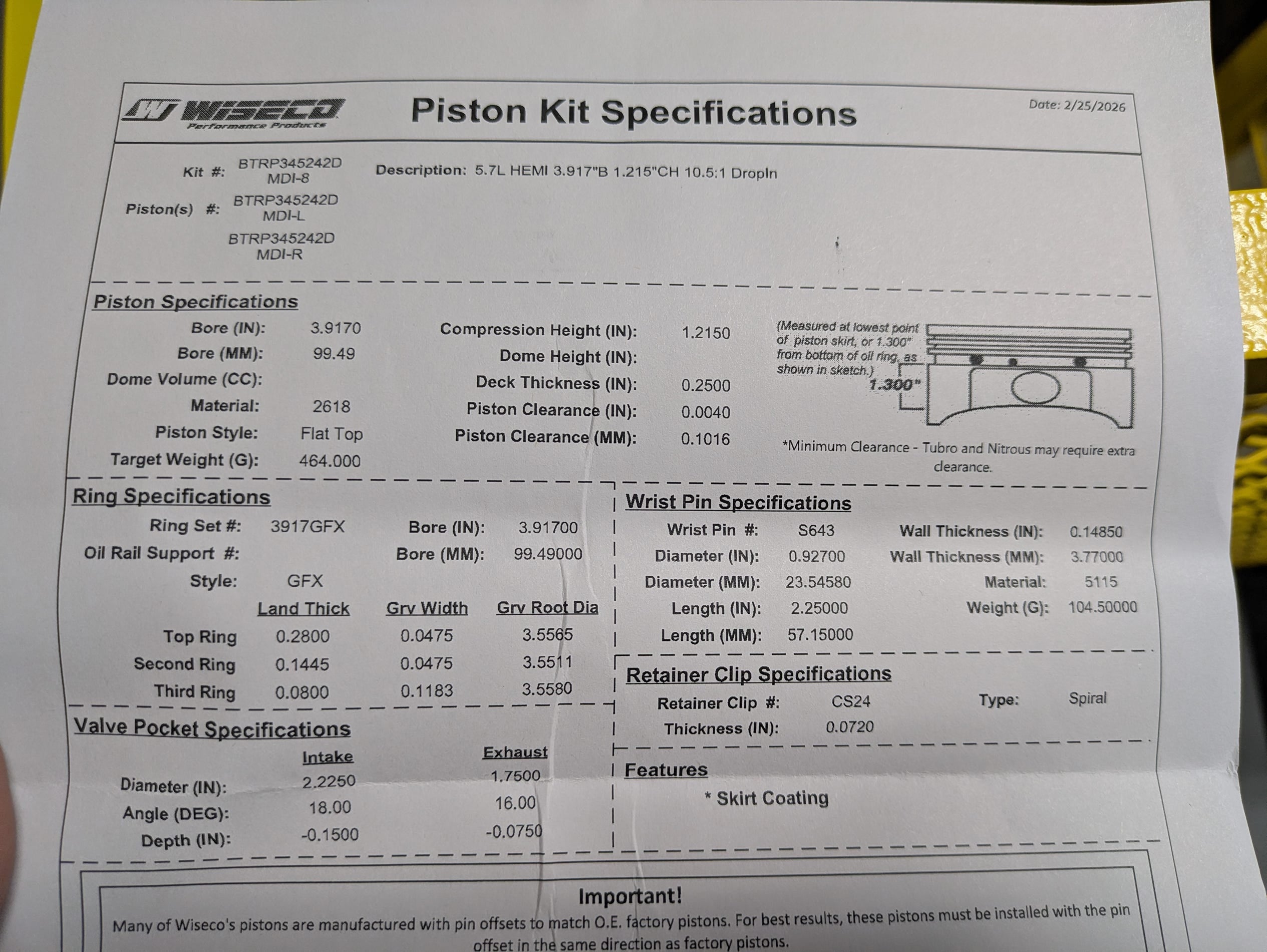 BTR / WISECO PISTON SET - 5.7 HEMI 3.917" - 1CC DOME - BTRP345242DMDI-8