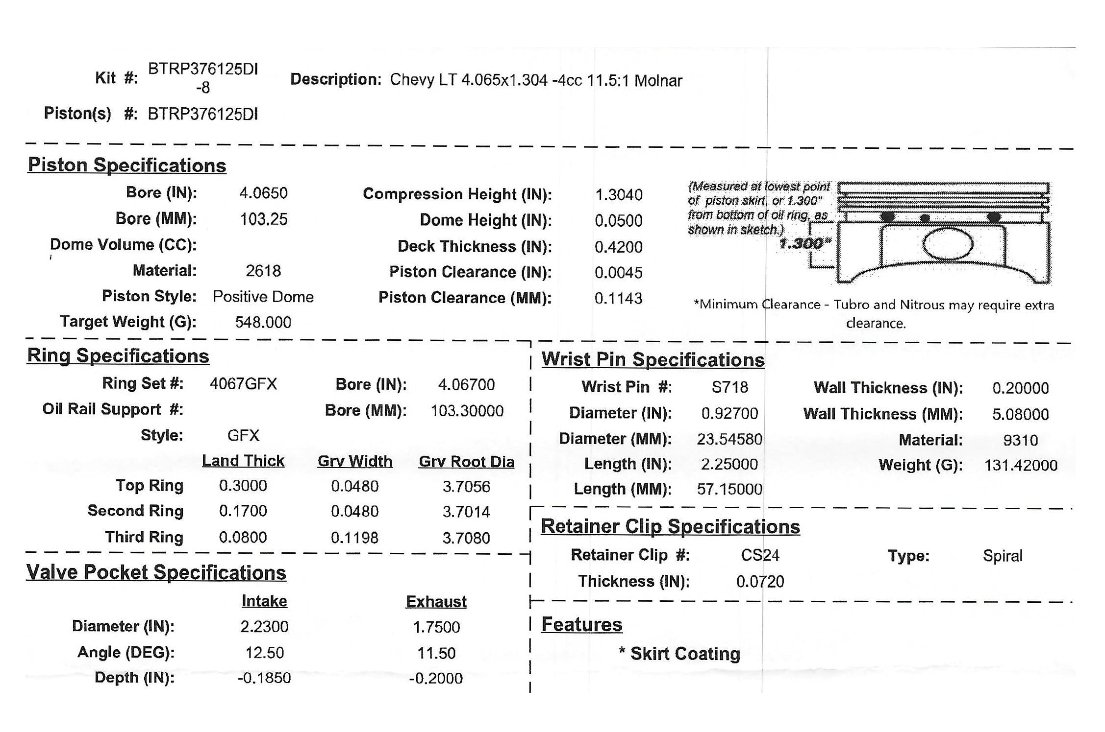 BTR L86/LT1 6.2 DROP IN PISTON SINGLE - 4.065" BORE - 3.622" STROKE - 6.125" ROD - BTRP376125DI-1