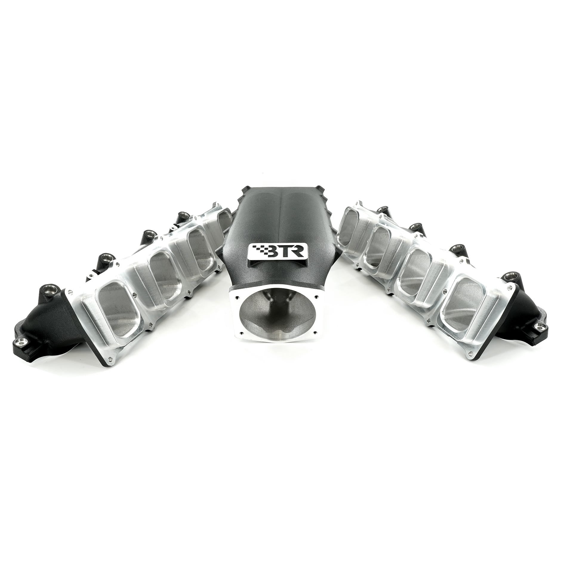 Black BTR Trinity Intake Manifold for Ford Godzilla with CNC runners, designed for enhanced engine airflow and performance.