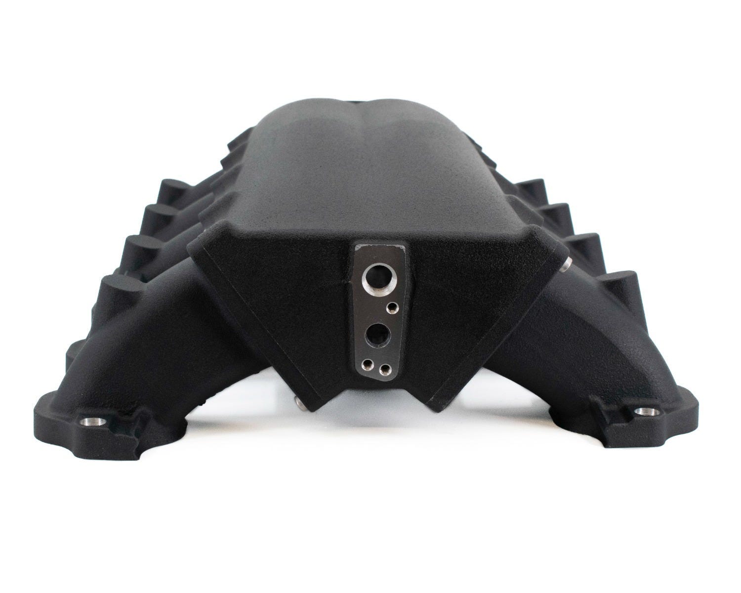 Black BTR Trinity Intake Manifold for Ford Godzilla with CNC runners, showcasing the sleek design and polished finish.