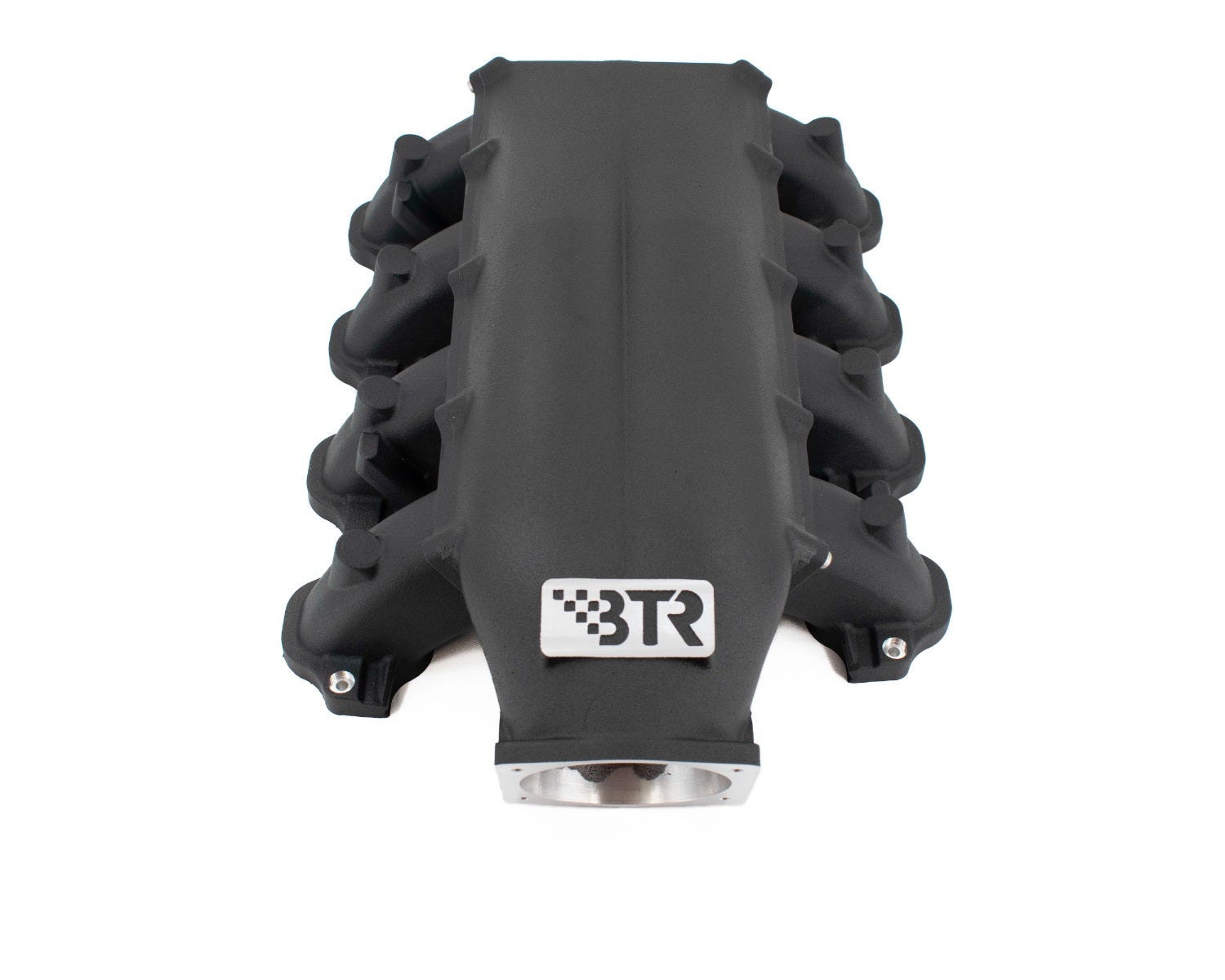 Black BTR Trinity Intake Manifold for Ford Godzilla with CNC runners, featuring high-performance design and precision craftsmanship.