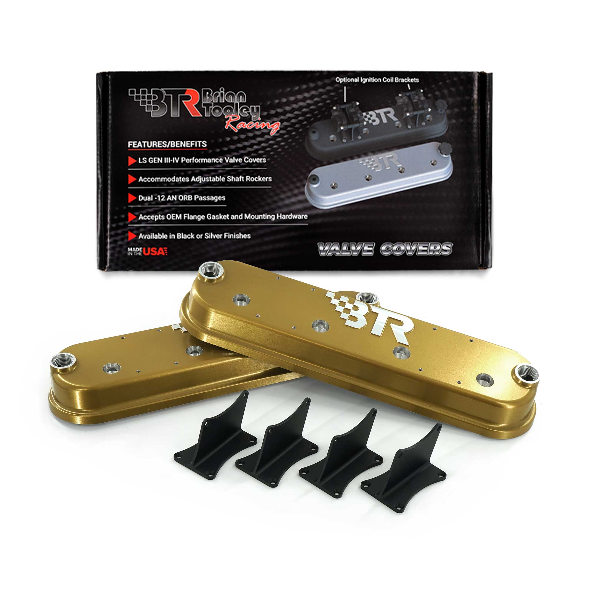 BTR DIE CAST VALVE COVER SET - GOLD WITH COIL MOUNTS - VCA-02-GOLD-CM