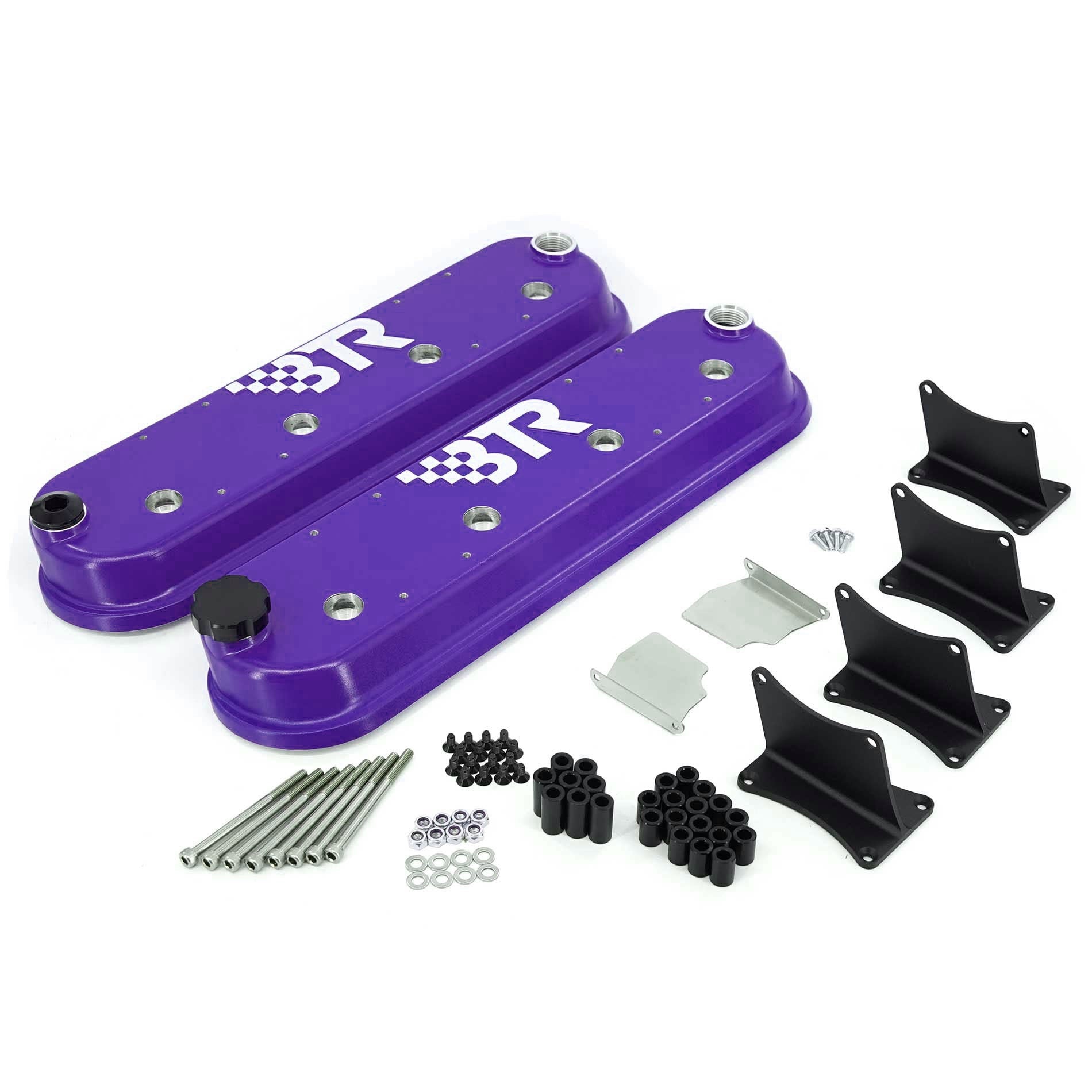 Purple BTR valve cover set with coil mounts from Brian Tooley Racing, featuring brackets and accessories for engine customization.