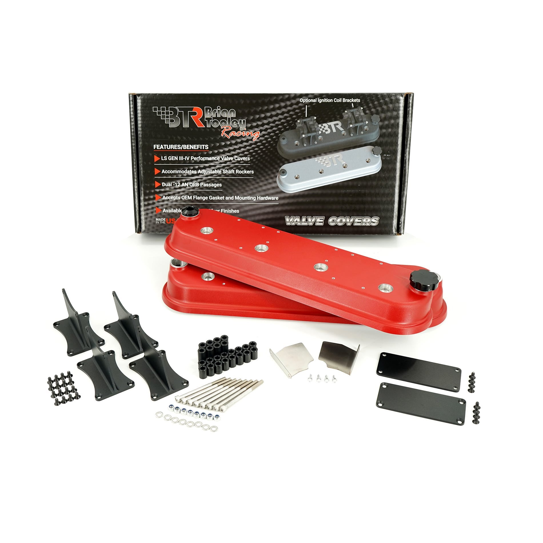BTR DIE CAST VANITY VALVE COVER SET - RED WITH COIL MOUNTS - VCA-03-RED-CM-VP