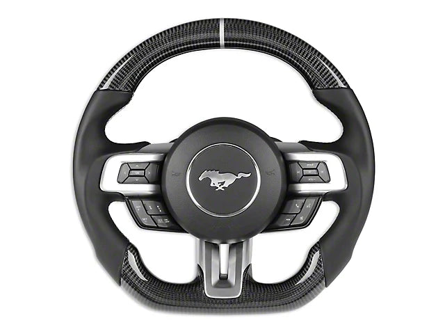 Custom Ford Mustang S550 carbon fiber steering wheel by Street Driven Performance, showcasing sleek interior design and ergonomic grip.