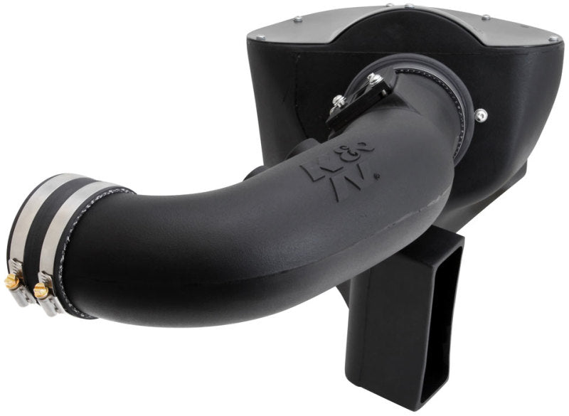 K&N Ford Mustang GT 5.0L V8 Cold Air Intake Kit installed, showcasing the air filter and intake tubing for optimal engine airflow.