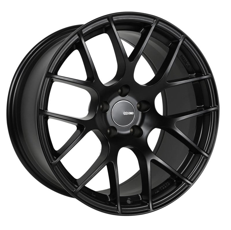 Enkei Raijin cast wheel, 18x8 inches, matte black finish, 5x114.3 bolt pattern, 40mm offset, 72.6mm bore diameter