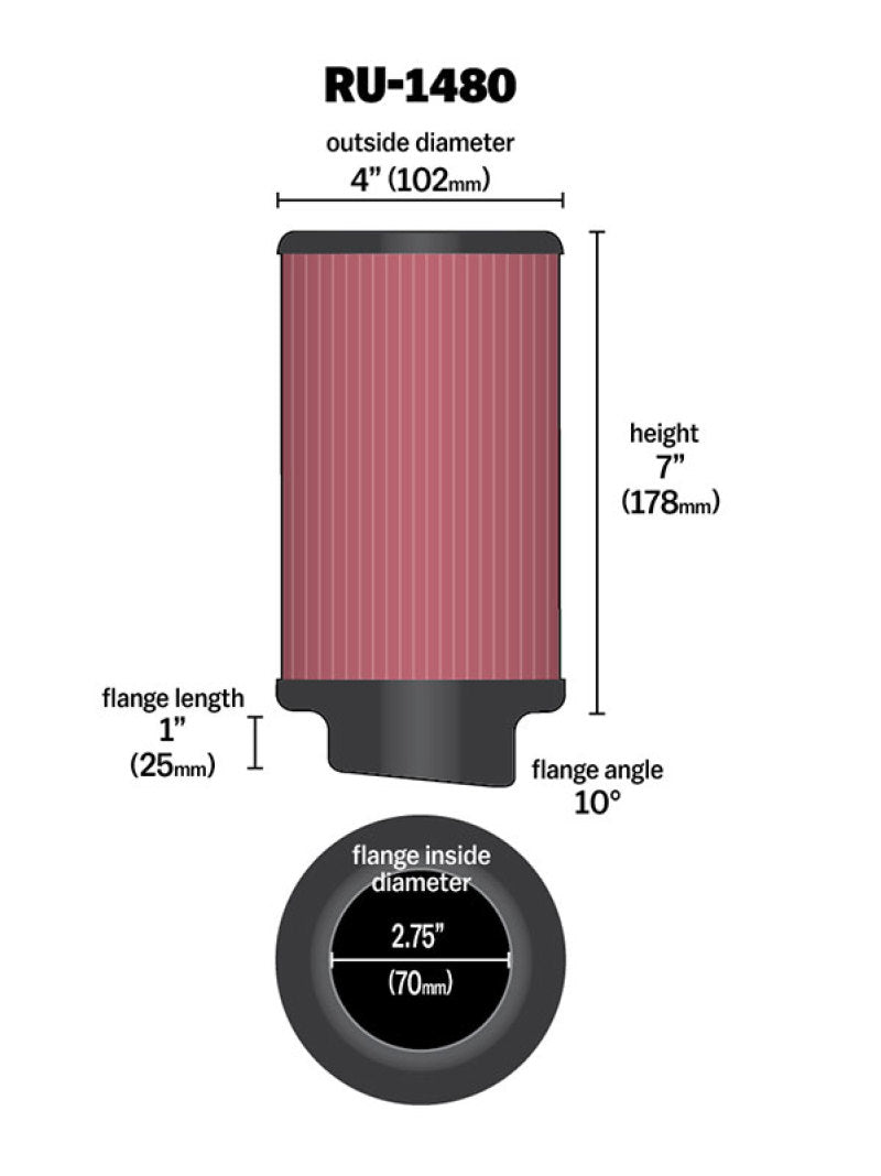 K&N Engineering universal rubber air filter with 10° flange, 4-inch OD, 2.75-inch flange ID, and 7-inch height.