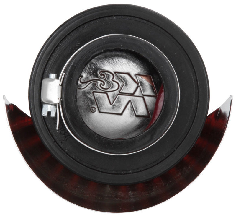 K&N Engineering crankcase vent filter with 1.5-inch flange, 3-inch diameter, and clamp-on design for engine air filtration.