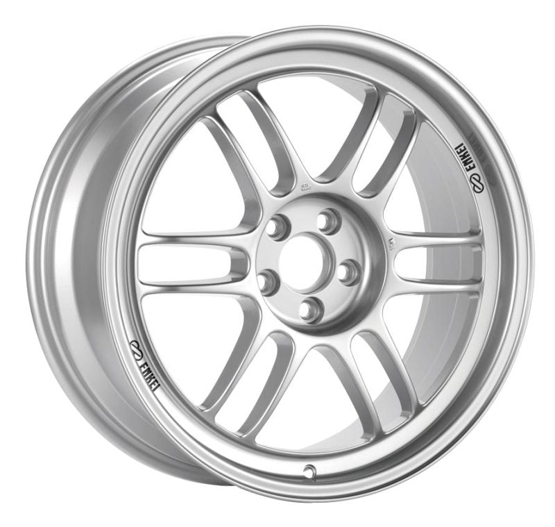 Enkei RPF1 17x8.5 silver cast wheel with 5x114.3 bolt pattern, 30mm offset for Evo 8/9, 73mm bore, sporty design
