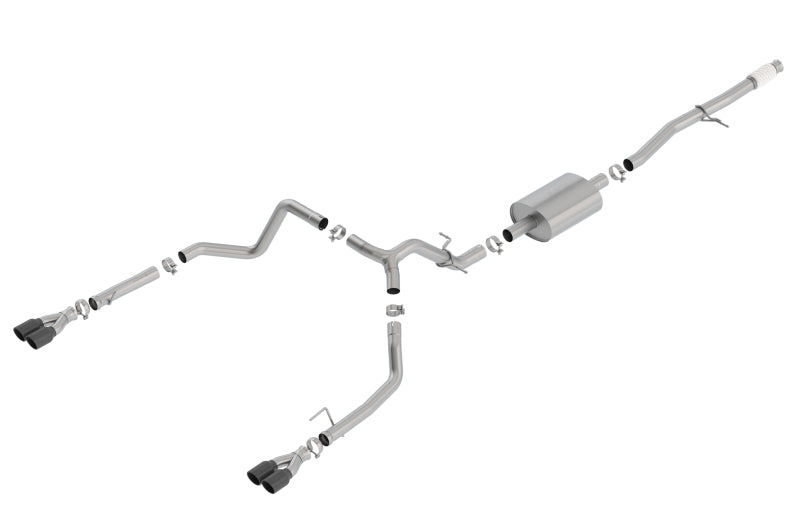Borla cat-back exhaust system for 2019 Chevy Silverado 1500 5.3L V8 with quad round tips, showcasing the stainless steel exhaust pipe.