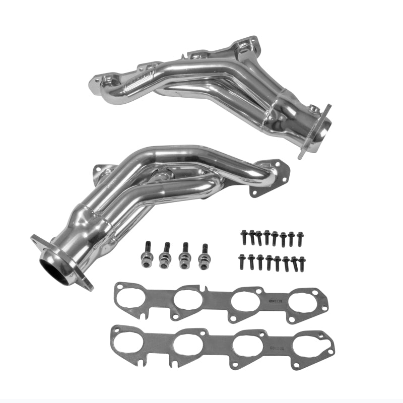BBK silver ceramic coated 1-7/8 inch shorty exhaust headers for Dodge Challenger Hemi 6.4L, high-performance exhaust headers.