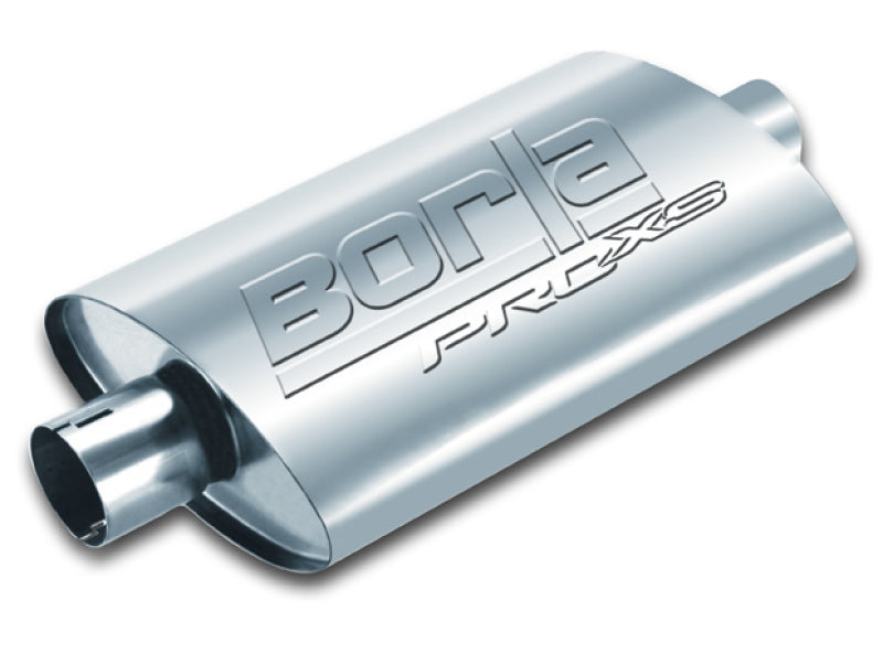 Borla Universal Pro-XS Oval muffler with 2.5-inch inlet and outlet, center notched exhaust muffler for vehicles.