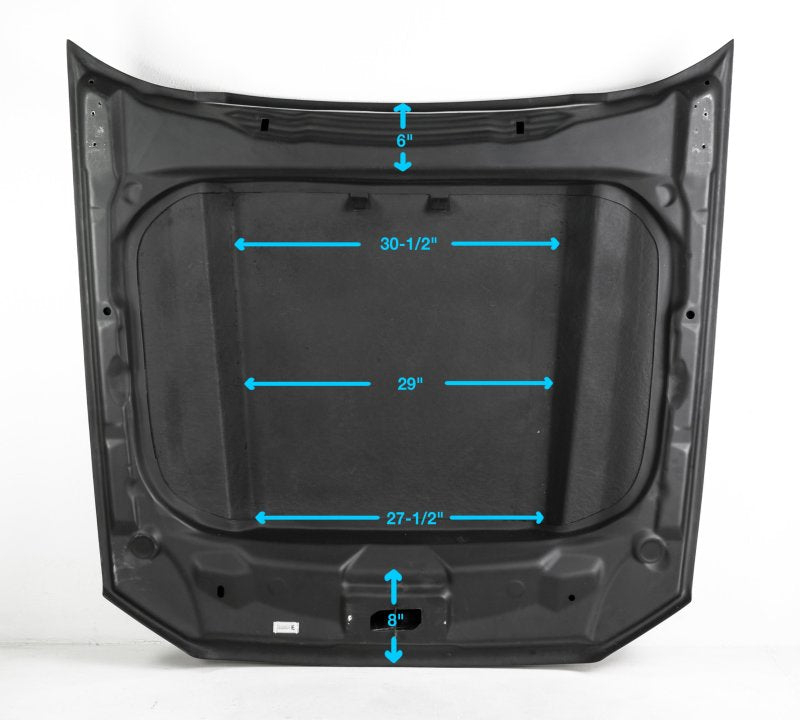 Anderson Composites carbon fiber cowl hood for 2013-2014 Ford Mustang, showcasing lightweight, aerodynamic design and textured surface.