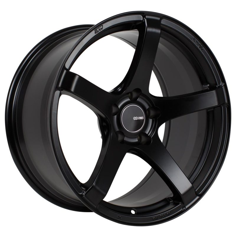 Enkei Kojin 18x9.5 matte black cast wheel with 30mm offset, 5x114.3 bolt pattern, 72.6mm bore diameter