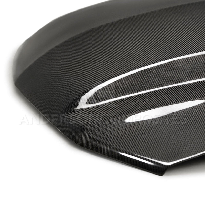 Anderson Composites carbon fiber cowl hood for 2013-2014 Ford Mustang with aerodynamic design and lightweight construction.