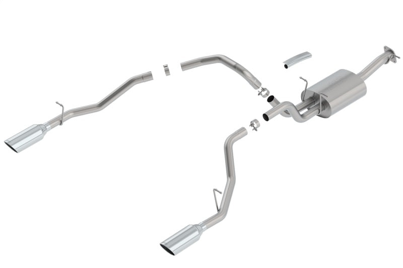 Borla catback exhaust system installed on a 2019 RAM 1500 5.7L V8 Crew Cab, showing the polished stainless steel muffler and pipes.