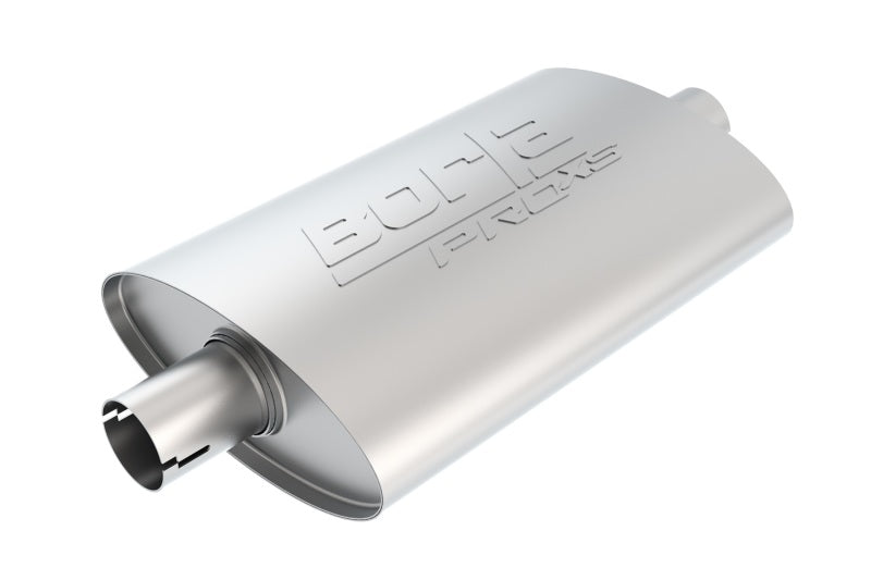 Borla Universal Pro-XS Oval 2.5-inch inlet and outlet muffler with center notched design for exhaust system enhancement.