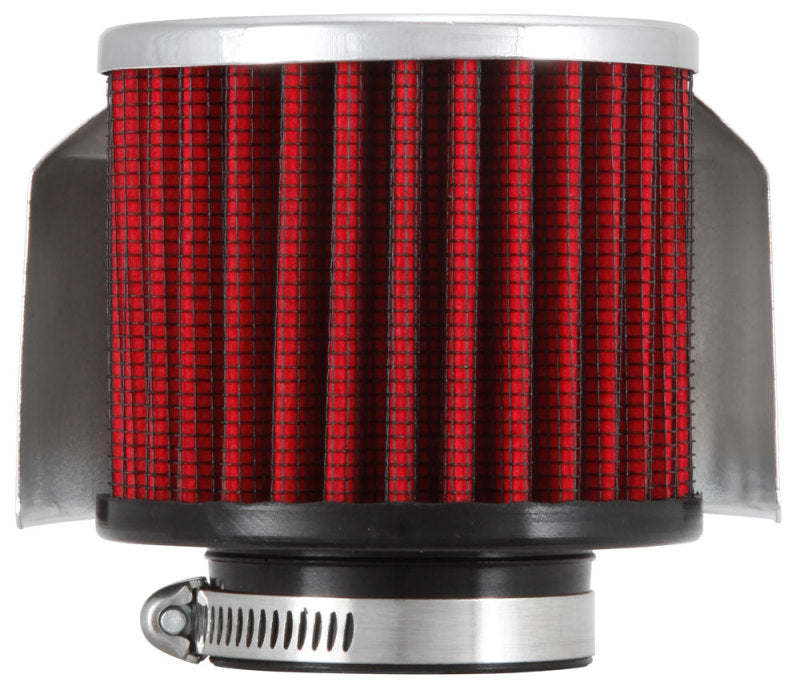 K&N Engineering crankcase vent filter with 1.5-inch flange, 3-inch diameter, and clamp-on design for engine air filtration.