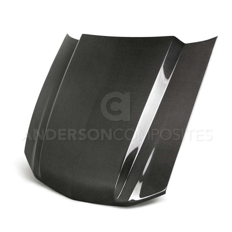 Ford Mustang 2013-2014 Anderson Composites Type-CJ carbon fiber cowl hood with sleek, aerodynamic design and detailed carbon fiber weave.