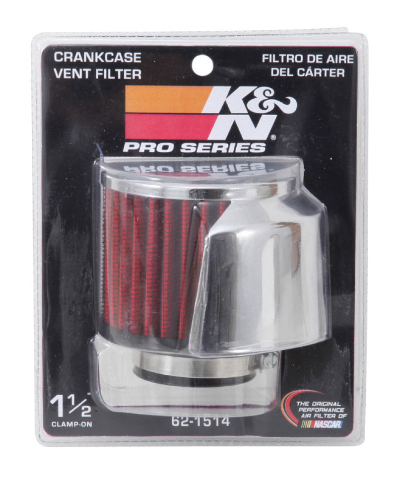 K&N Engineering crankcase vent filter with 1.5-inch flange, 3-inch diameter, and 2.5-inch height, clamp-on style for engine air filtration.