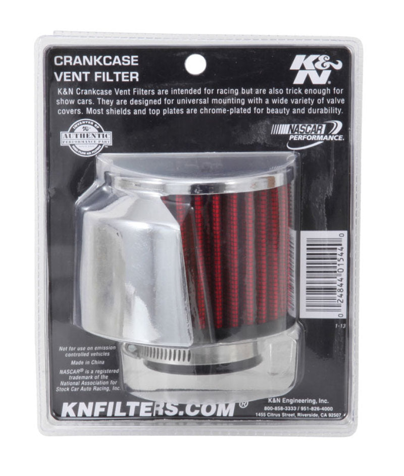K&N Engineering crankcase vent filter with 1.5-inch flange, 3-inch diameter, and clamp-on design for engine air filtration.