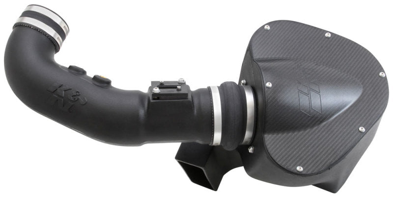 K&N Engineering Ford Mustang GT 5.0L V8 Cold Air Intake Kit installed, showing the high-performance air filter and intake tubing.