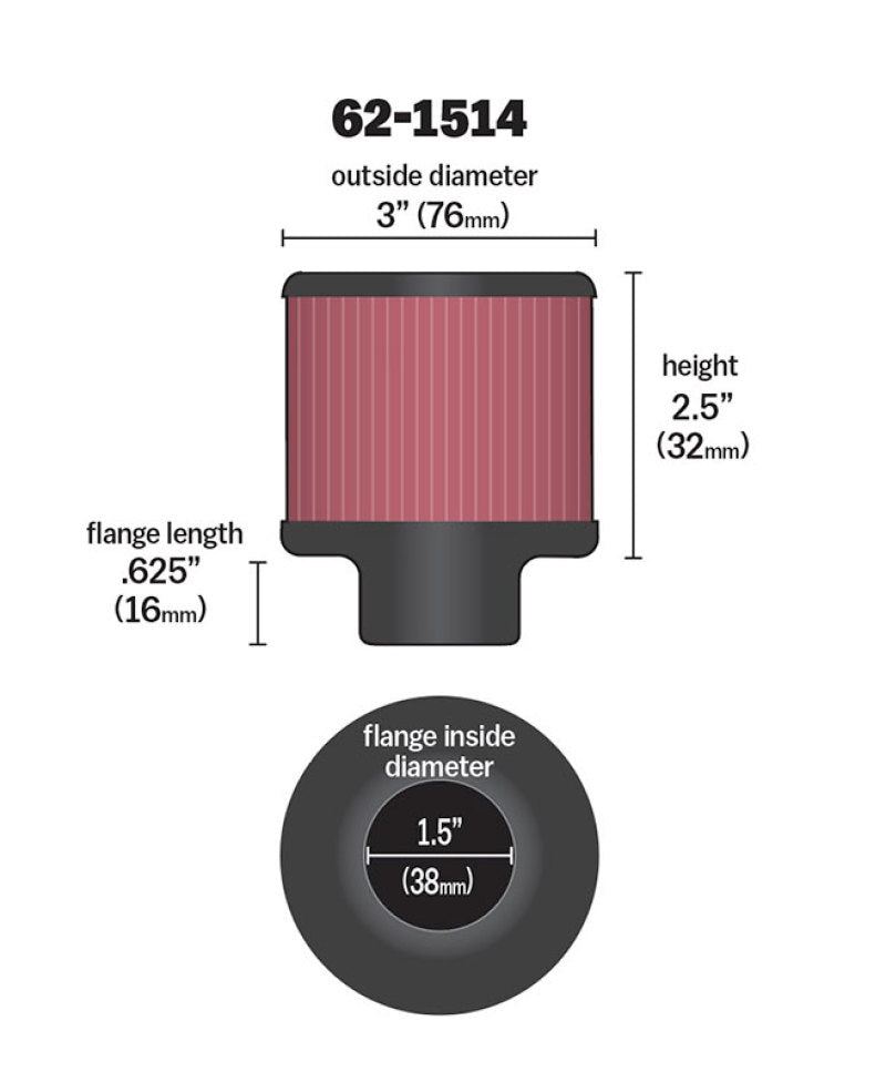 K&N Engineering crankcase vent filter with 1.5-inch flange, 3-inch diameter, and clamp-on design for engine air filtration.
